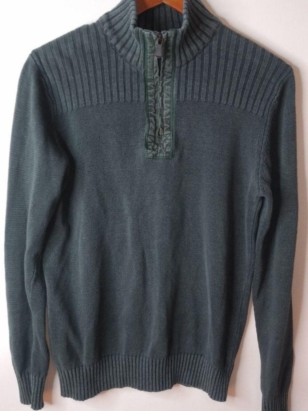 Method S Womens Pullover 1/4 Zip Sweater in Faded Forest Green. Gorpcore